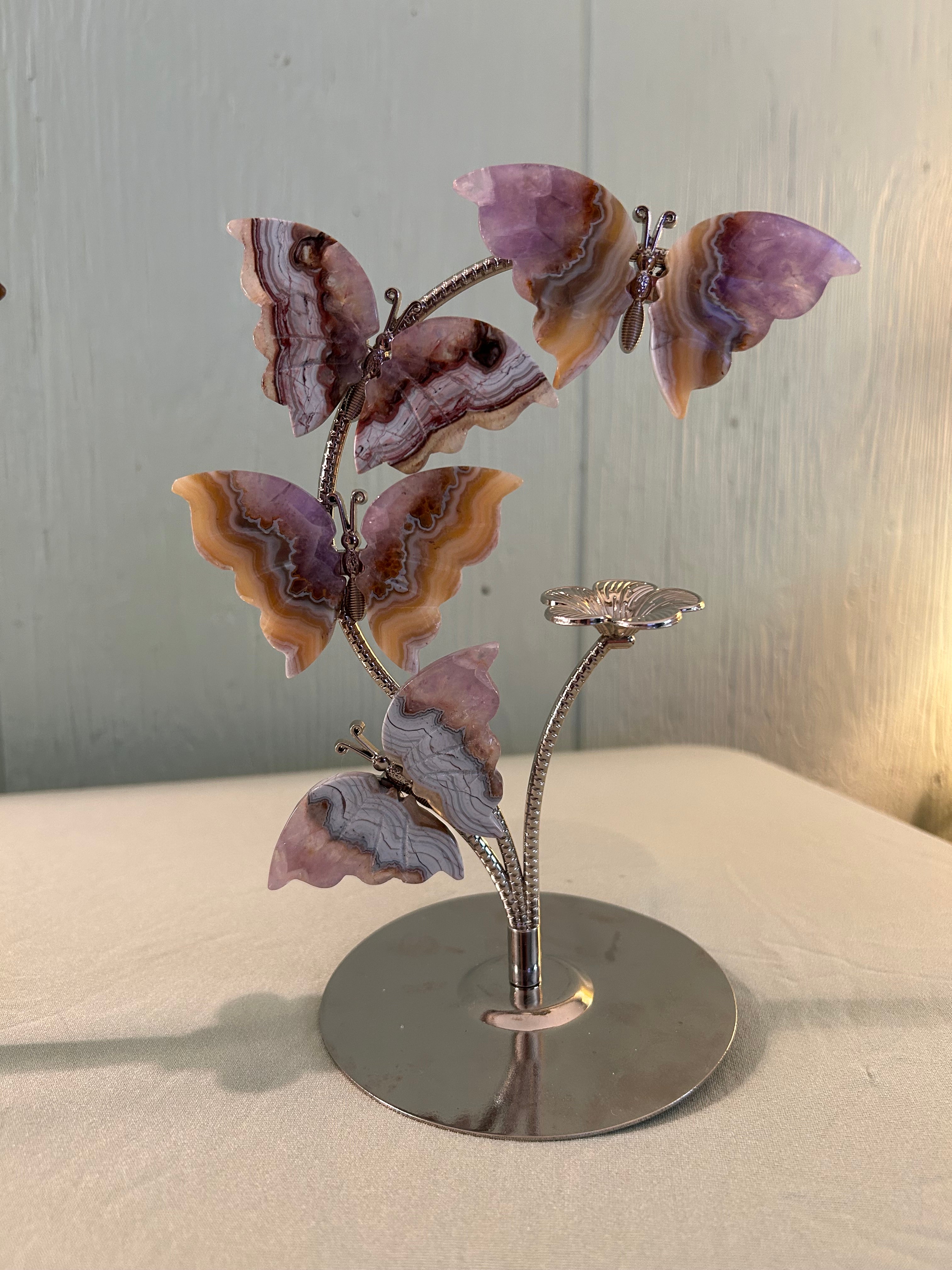 Crazy lace and Amethyst butterfly sphere holder