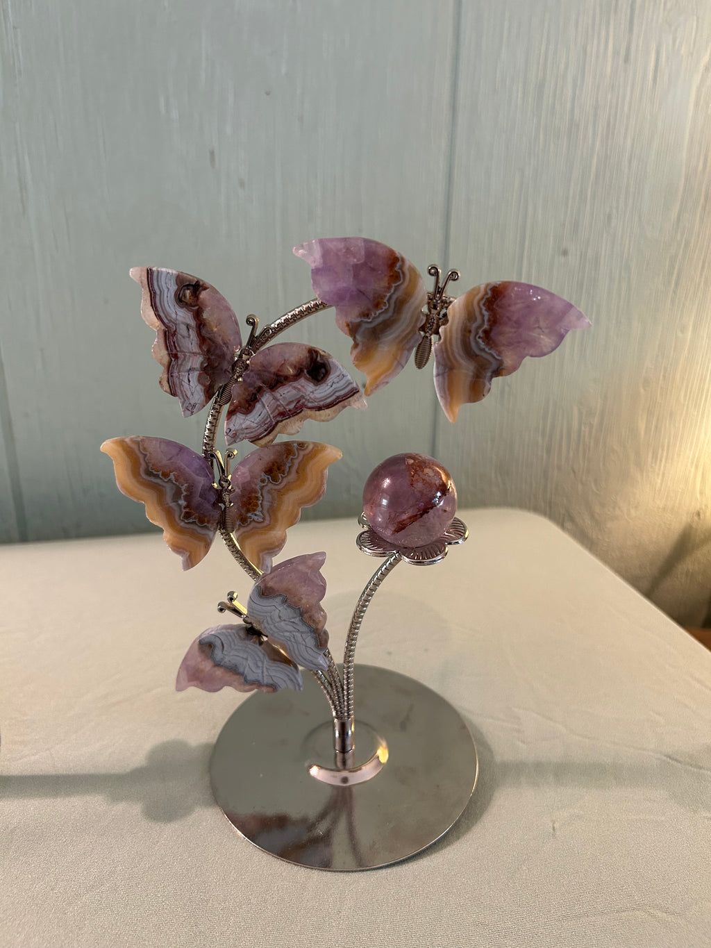 Crazy lace and Amethyst butterfly sphere holder