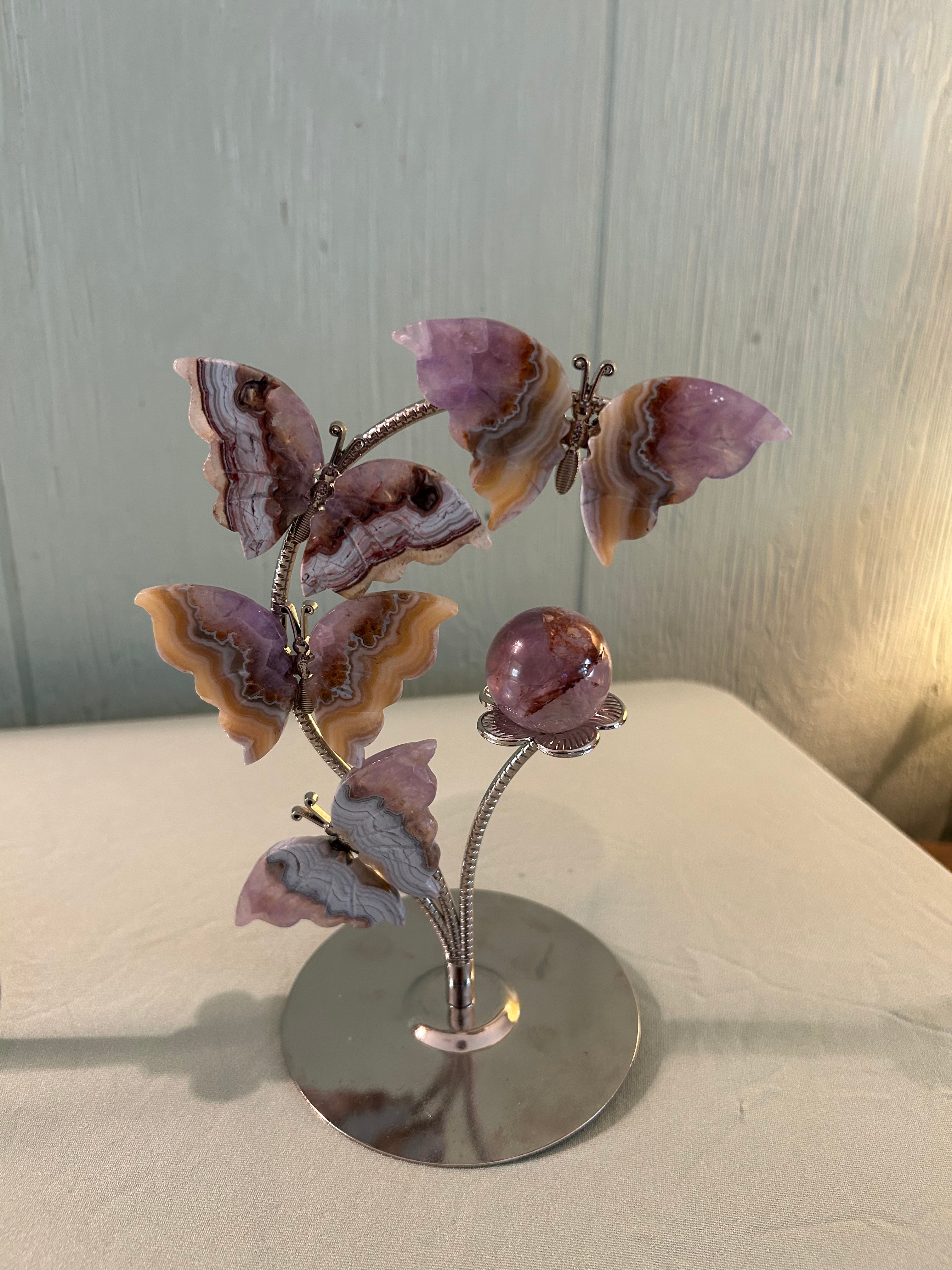 Crazy lace and Amethyst butterfly sphere holder