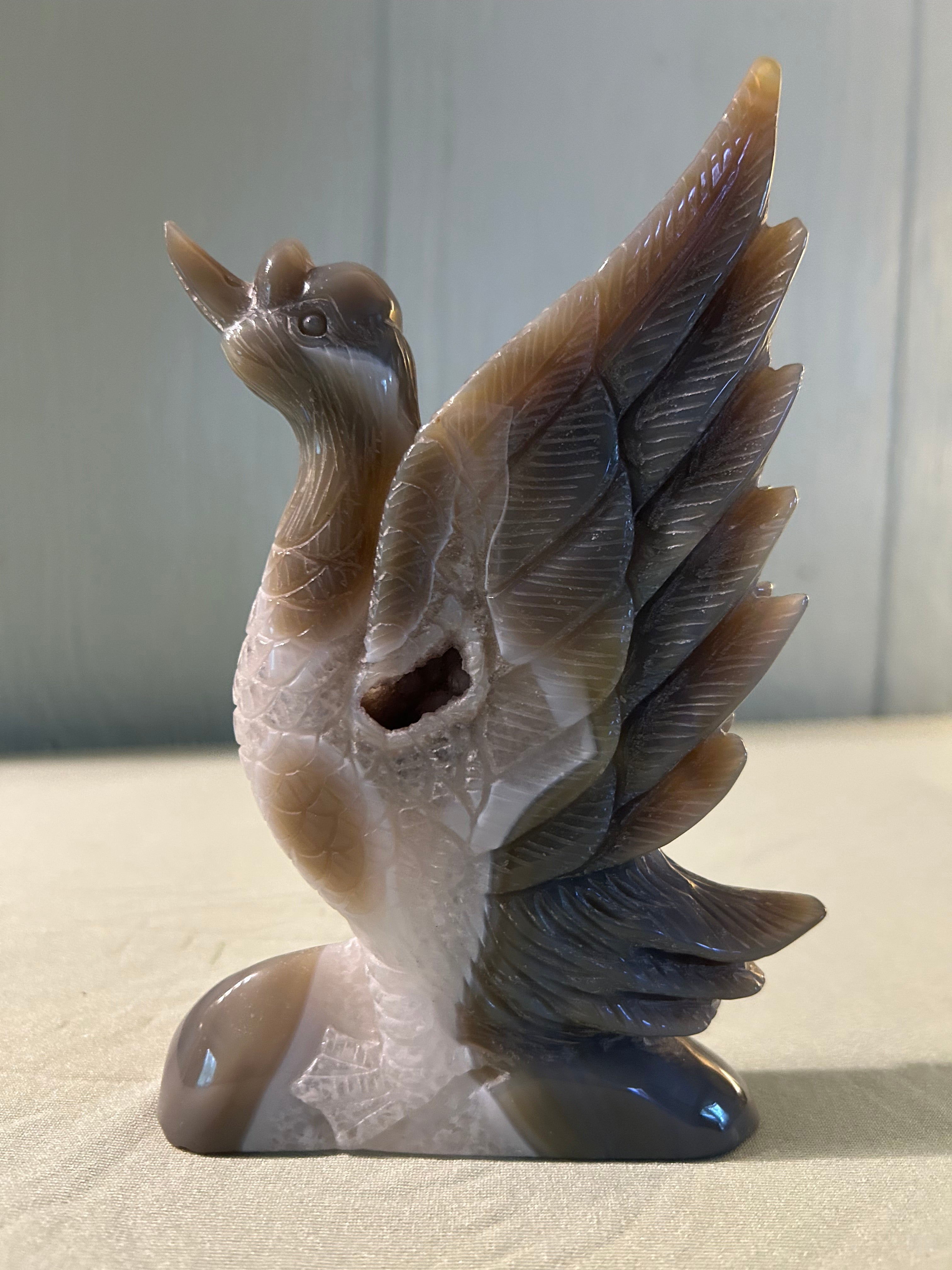 Hand carved agate swan with druzy