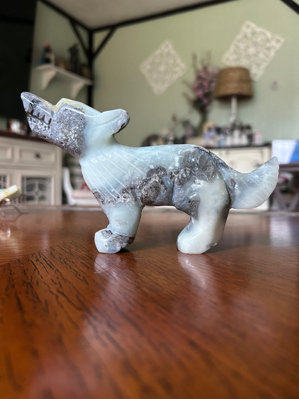 Caribbean calcite mixed with pyrite Wolf carving